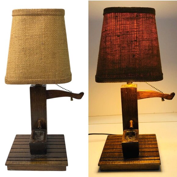 1980s Well Water Pump Table Lamp Handcrafted Wood School Model Burlap Shade MCM